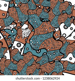 Doodles on a black, brown and blue colors. Vector texture. Illustration. Beautiful fabric background.