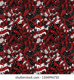 Doodles on a black, red, white, gray and brown colors. Vector texture. Seamless pattern Beautiful fabric background. Illustration.