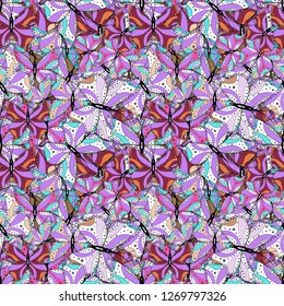 Doodles on a black, white and violet colors. Seamless pattern Beautiful fabric background. Illustration. Vector texture.