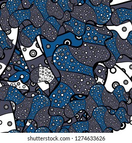 Doodles on a blue, black and white colors. Beautiful fabric background. Illustration. Vector texture.