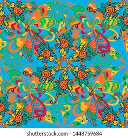 Doodles on blue, orange and green colors. Seamless background pattern. Watercolor, hand drawn. Vector - stock.