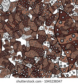 Doodles on a brown, black and white colors. Illustration. Vector texture. Seamless pattern Beautiful fabric background.