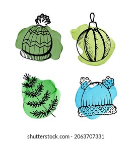 Doodles on colorful spots for design with winter elements. Warm hat, Christmas decoration and plants