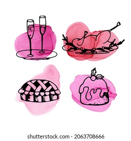Doodles on colorful spots for design with Christmas food. Tasty chicken, Christmas pie and champagne