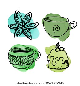 Doodles on colorful spots for design with winter food. Christmas pie, star anise and cup for tea, coffee, cocoa