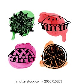 Doodles on colorful spots for design with Christmas elements. Tasty pies, orange and Christmas flower 