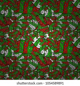 Doodles on green, black and red colors. Vector - stock. Watercolor, hand drawn. Seamless background pattern.