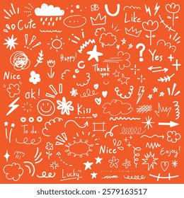 Doodles on orange background with words like 'cute', 'happy', 'nice', and 'enjoy'. Includes clouds, hearts, and stars in playful, whimsical style. White doodle elements, vector set.