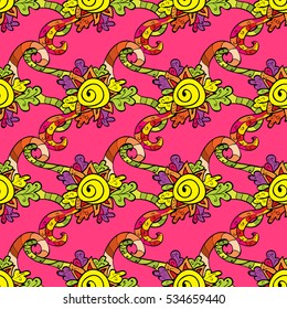 Doodles on pink background. Yellow. Curls. Vector. Row.