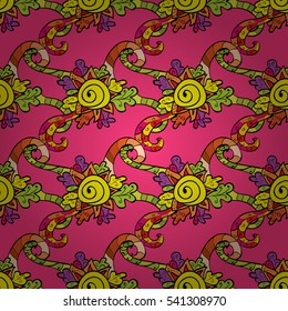 Doodles on pink background. Yellow. Curls. Vector. Radial gradient shape. Row.