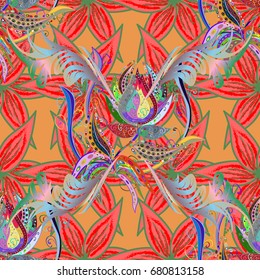 Doodles on red background. Floral ornament seamless pattern. 