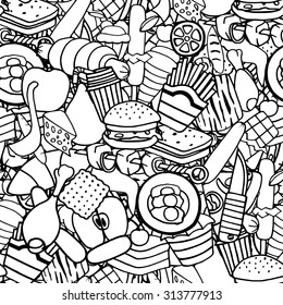 Doodles on the subject of fast food and sweets seamless pattern. Cartoon vector hand-drawn 