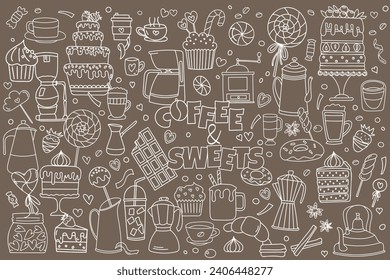 Doodles On The Theme Of Cafe - Coffee And Sweets, Illustration On A Brown Background Of Coffee, Cakes And Sweets