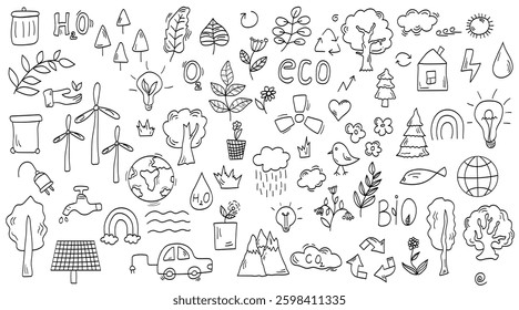 doodles on the theme of ecology, drawn elements for environment day