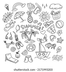 Doodles on the theme of summer. Cute icons on the theme of rest and travel by the sea.