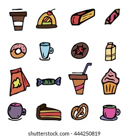 Doodles on the topic of food, coffee and desserts. Hand drawing. vector.