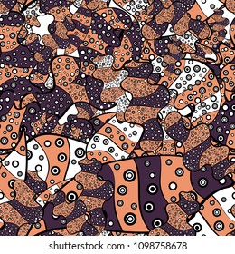 Doodles on a violet, black and orange colors. Vector texture. Beautiful fabric background. Illustration.