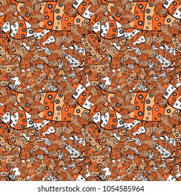 Doodles orange, black and beige on colors. Fashionable fabric pattern. Seamless pattern Print. Vector.