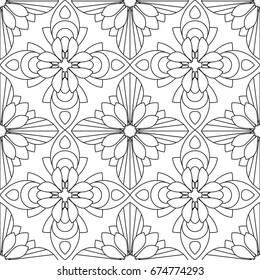 Doodles ornament seamless pattern. Adult coloring page. Black and white floral elements. Repeat pattern background. Hand drawn vector illustration.