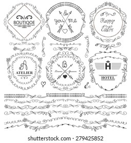 Doodles ornate decor set.Border,dividers,frames,arrows,found logo,logotypes,brushes.For design templates,invitations,menu.Vintage Hand drawing floral vector .Weddings,Valentines day,holidays,birthday