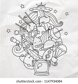 Doodles outer space. Cosmos objects with planets, rockets and alien. Vector emblem for coloring or design. Easy to change colors.