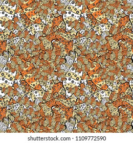 Doodles pattern. Black, beige, orange, white and gray on colors. Vector design. Seamless pattern Abstract cute background. Design wrapping and gift paper, greeting cards, banner and posters design.
