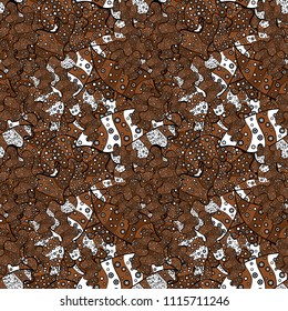 Doodles pattern. Brown, black and white on colors. Vector. Tender fabric pattern. Seamless Abstract interesting background.