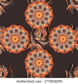 Doodles pattern. Brown, orange and gray on colors. Design wrapping and gift paper, greeting cards, banner and posters design. Seamless pattern Abstract cute background. Vector illustration.