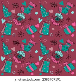 Patrón de Doodles para Navidad y Año Nuevo: copo de nieve, caja de regalo y paquete, relleno para regalos, árbol de navidad. Ilustración de color vectorial dibujada a mano en colores azul y rosa sobre fondo rojo