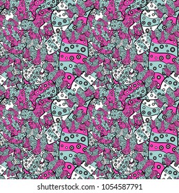 Doodles pattern. Design wrapping and gift paper, greeting cards, banner and posters design. Neutral, black and pink on colors. Abstract cute background. Vector illustration.