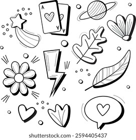 doodles pattern featuring stars hearts flowers playing cards planets