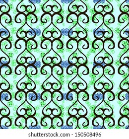 Doodles pattern. Neutral, green and blue on colors. Vector. Seamless Abstract interesting background. Tender fabric pattern.