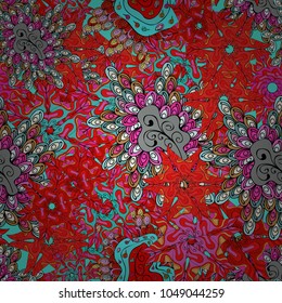 Doodles pattern. Seamless Abstract interesting background. Red, black and blue on colors. Tender fabric pattern. Vector.