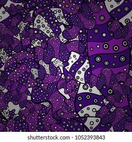 Doodles pattern. Seamless Abstract interesting background. Violet, black and white on colors. Tender fabric pattern. Vector.