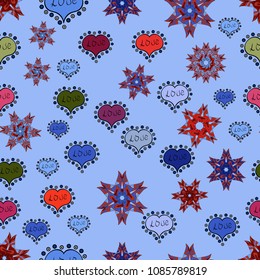 Doodles pattern. Seamless Abstract interesting background. Neutral, black, blue, gray and orange on colors. Tender fabric pattern. Vector.