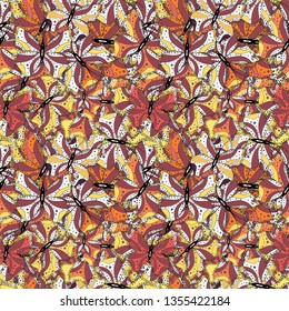 Doodles pattern. Seamless Abstract interesting background. Tender fabric pattern. Yellow, red and white on colors. Vector.