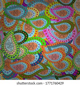 Doodles pattern. Seamless Abstract interesting background. Blue, green and orange on colors. Vector. Tender fabric pattern.