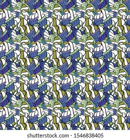 Doodles pattern. Tender fabric pattern. Seamless Abstract interesting background. Vector. White, blue and black on colors.