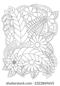 Doodles pattern vector. Coloring page in black and white for colouring book.  Flowers in black and white for coloring book. Coloring pages for adult. 