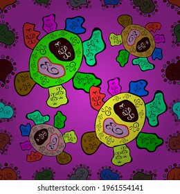 Doodles pattern. Vector. Seamless Abstract interesting background. Modern fabric pattern. Green, violet and black on colors.