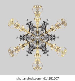 Doodles pattern. Vector with snowflakes on gray background.