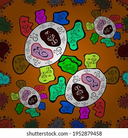 Doodles-Muster zum Verpacken von Papier. Abstrakter, netter Hintergrund. Vektorgrafik. Orange, weiß und grün auf den Farben.