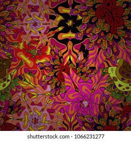 Doodles pattern for wrapping paper. Orange, black, magenta, yellow and red on colors. Vector illustration. Seamless pattern Abstract nice background.