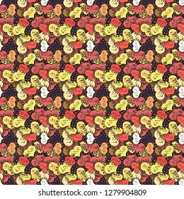 Doodles pattern for wrapping paper. Pink, black and yellow on colors. Vector illustration. Abstract nice background.