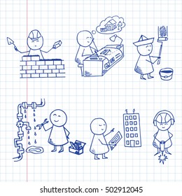 Doodles people icons. Funny builders set. Vector Illustration.