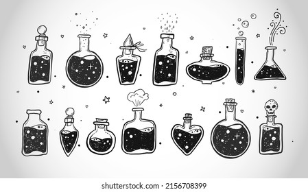 Doodles with pharmaceutical flasks, beakers and test tubes. Sketches of chemical laboratory objects with magic potion on white background. Vector illustration