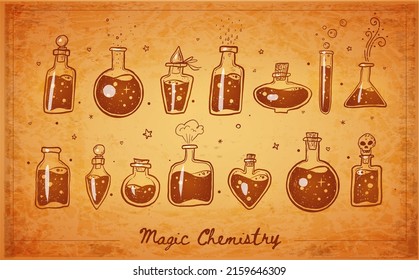 Doodles with pharmaceutical flasks, beakers and test tubes on vintage background. Sketches of chemical laboratory objects with magic potion. Vector illustration