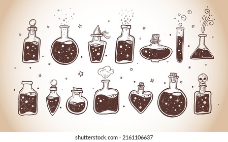 Doodles with pharmaceutical flasks, beakers and test tubes in vintage style. Sketches of chemical laboratory objects with magic potion. Vector illustration
