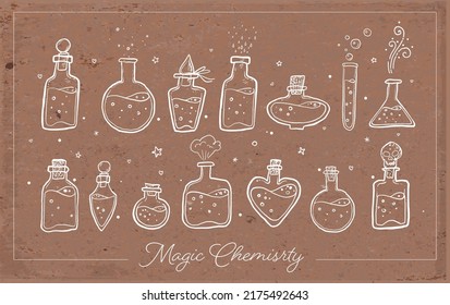 Doodles with pharmaceutical flasks, beakers and test tubes on brown parcel paper background. Sketches of chemical laboratory objects with magic potion. Vector illustration