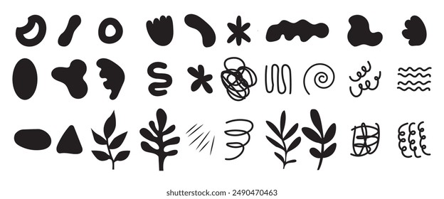 doodles and plants vector icon. Hand drawn doodles. Set of various abstract shapes, Modern contemporary fashion illustration. Flat design, hand drawn cartoon, eps 10.